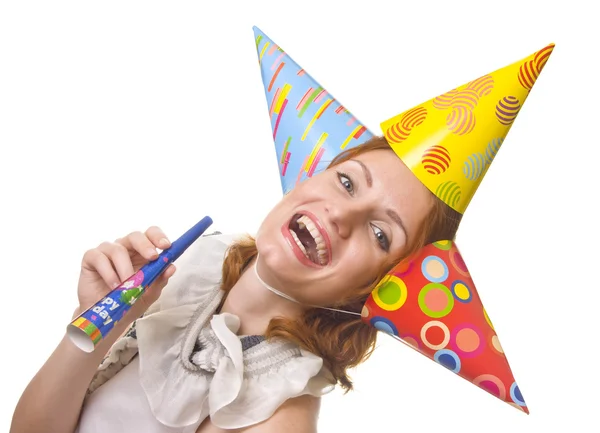 Woman in three party hats — Stock Photo, Image