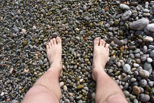 Мужские ноги на морских камнях — стоковое фото