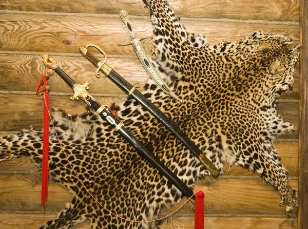 Skin of leopard with swords on the wall — Stock Photo, Image