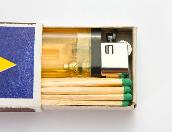 Cigarette lighter and matches in matchbox — Stock Photo, Image
