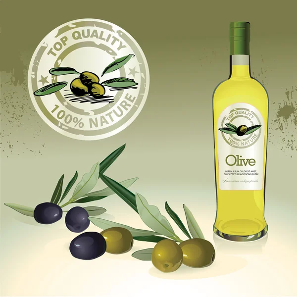 Frasco de aceite de oliva, etiqueta y aceitunas — Vector de stock