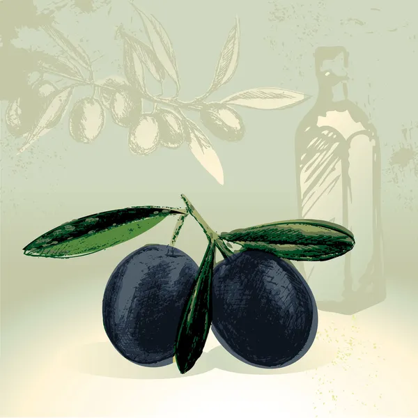 Černé olivy s lahví olivového oleje s lahví olivového oleje v pozadí — Stockový vektor