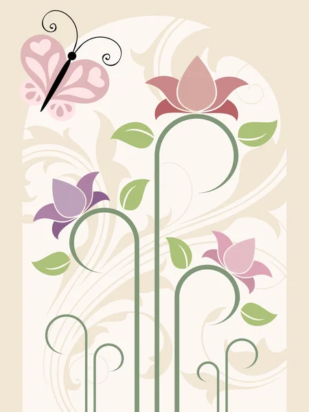 Cartão com flores e borboleta — Vetor de Stock