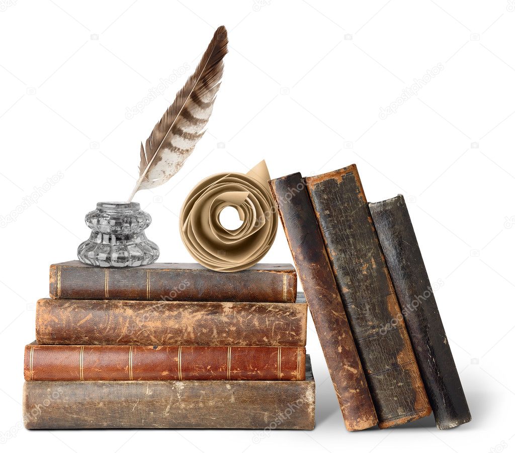 Old books, inkstand and scroll