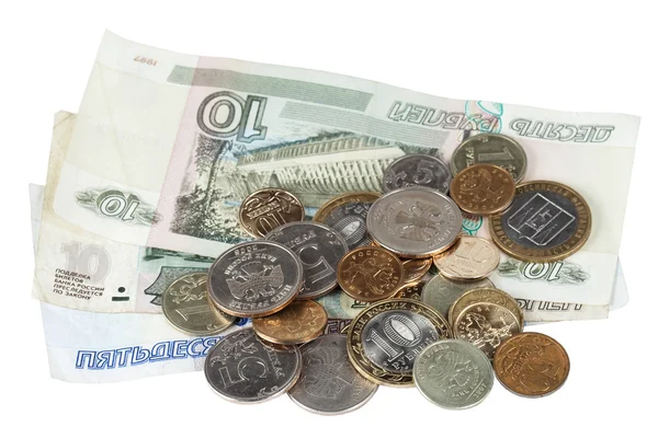 Stapel van het papier bankbiljetten en munten — Stockfoto