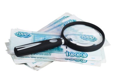 Russian money roubles and magnifying glass clipart