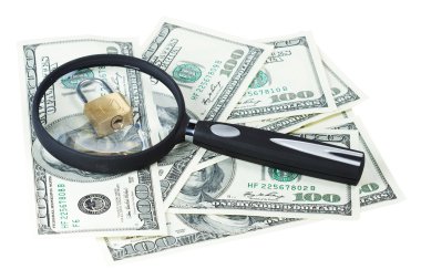 Money U.S. dollars, magnifying glass and lock clipart