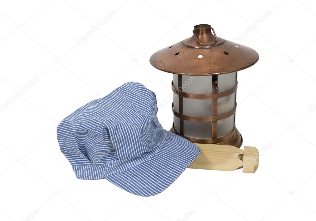 Railroad engineer hat and lantern