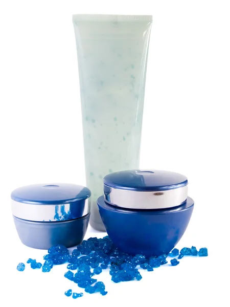 Cream, lotion and blue bath salt 2 — Stock Photo, Image