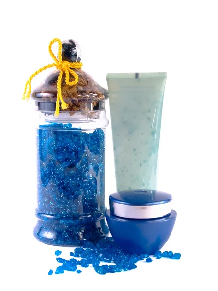 Krém, testápoló és kék fürdősó — Stock Fotó