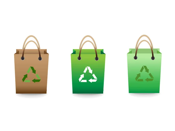 Bolsas de la compra de venta verde con signo de reciclaje — Vector de stock