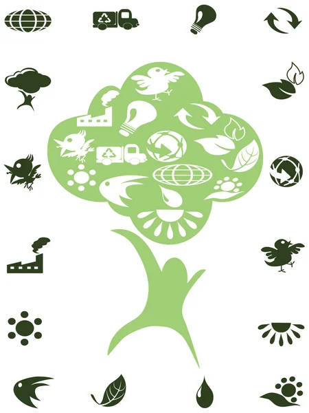 Icone verdi di riciclo nell'albero — Vettoriale Stock