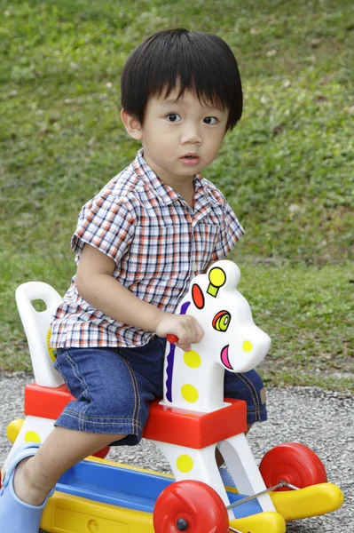 Junge auf Spielzeugpferd — Stockfoto