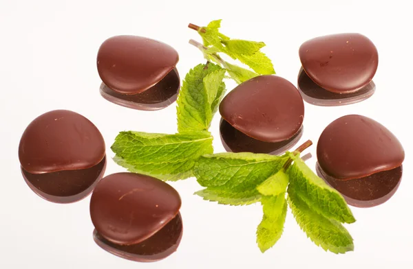Chokolate petals with mint leaves — Stock Photo, Image