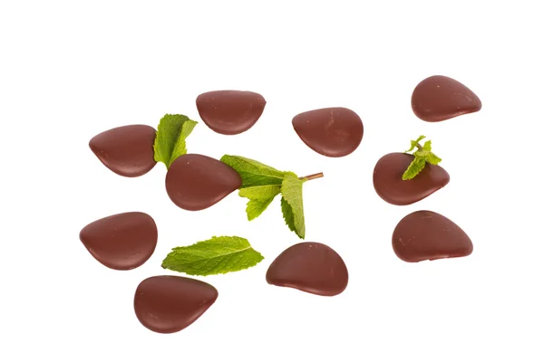 Chocolate petals with mint leaves — Stock Photo, Image