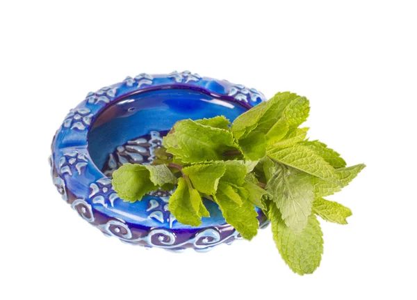 Ceramic ashtray with green mint — Stock Photo, Image