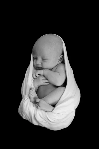 Un bebé recién nacido envuelto en una manta durmiendo tan —  Fotos de Stock