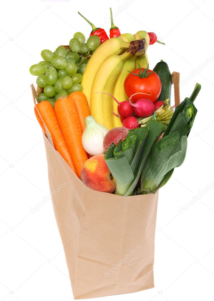 A grocery bag full of healthy fruits