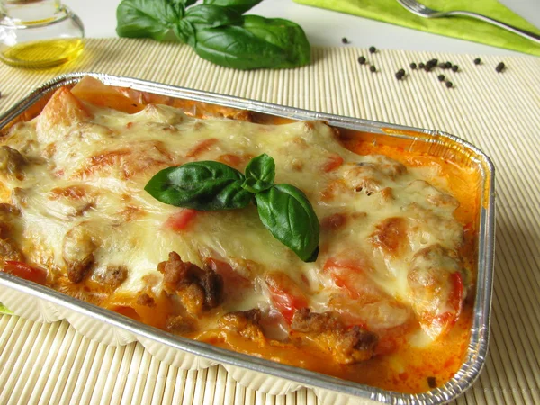 stock image Homemade lasagne with red pepper and minced meat