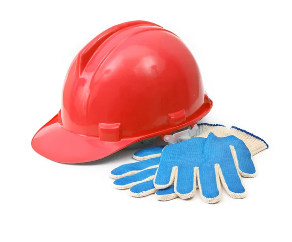 Rode veiligheidshelm en handschoenen — Stockfoto