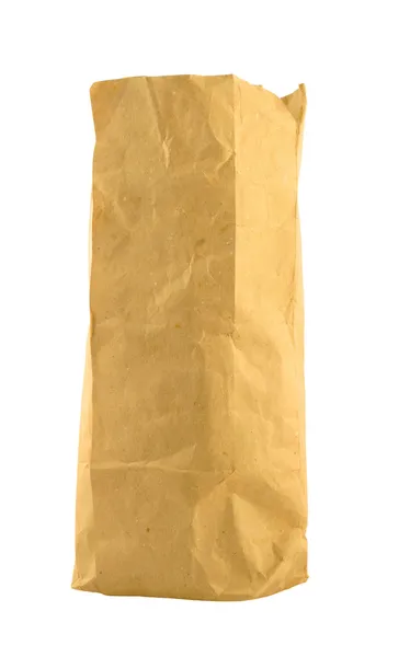 Saf beyaz zemin üzerine kahverengi kağıt torba — Stok fotoğraf