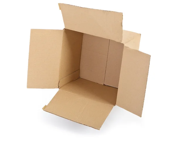 Открытая картонная коробка на белом — стоковое фото