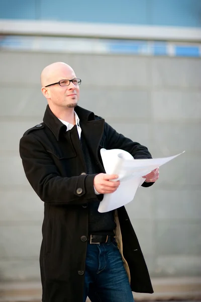 Stock image Architect with helmet and plan