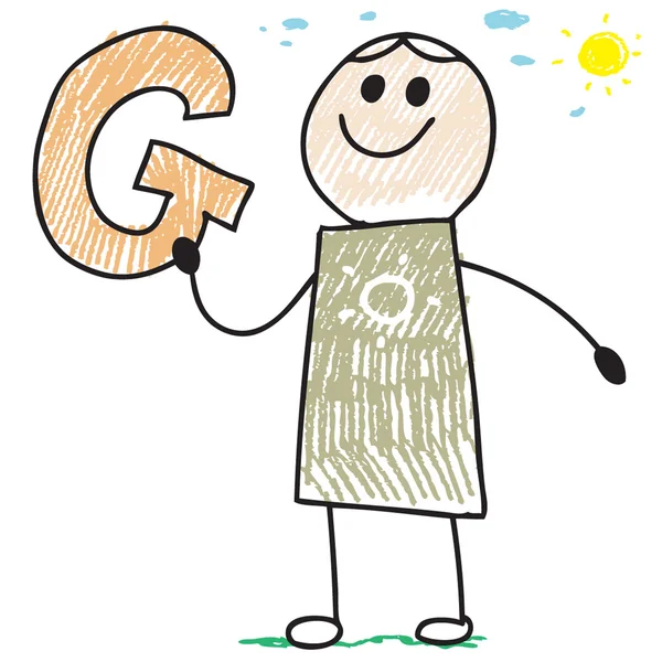 Doodle child holding letter G — Stock Vector