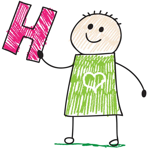 H harfi tutan çocuk doodle — Stok Vektör