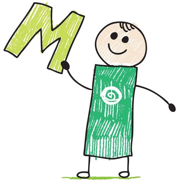 Doodle criança segurando letra M — Vetor de Stock