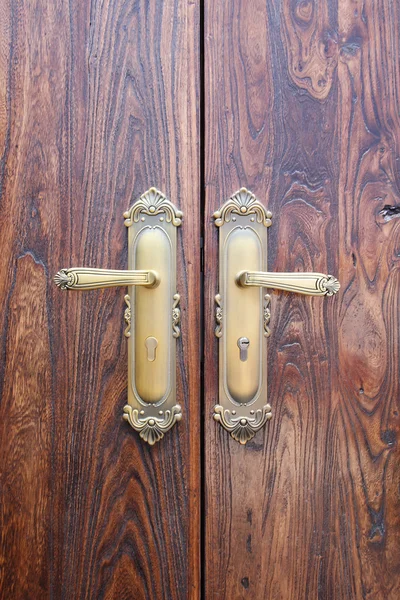 Ξύλινη πόρτα και λαβή του χαλκού — Φωτογραφία Αρχείου