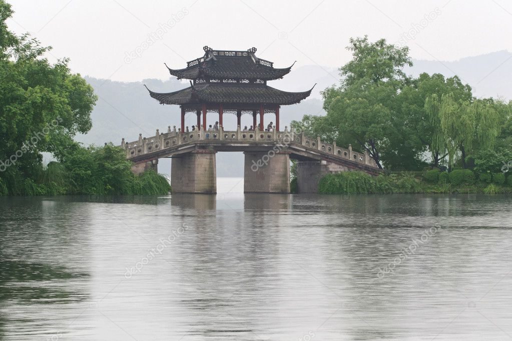 Old bridge and rain of chinese west lake