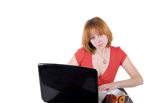 Mooi meisje die op laptop werkt — Stockfoto