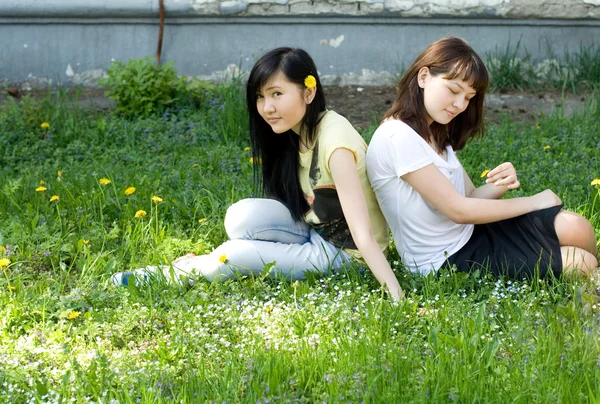 Дві дівчини сидять на траві — стокове фото