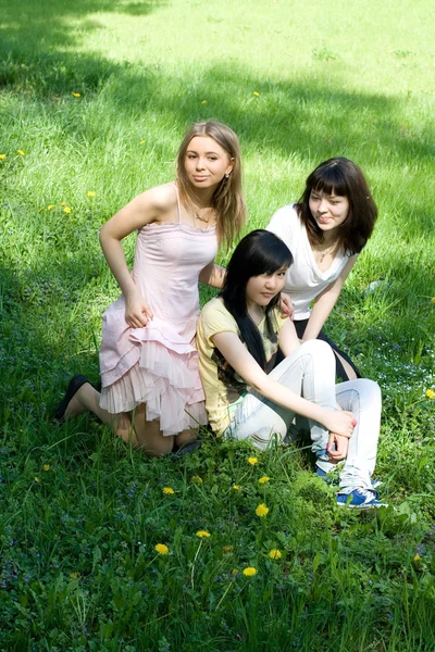Три дівчини сидять на траві — стокове фото