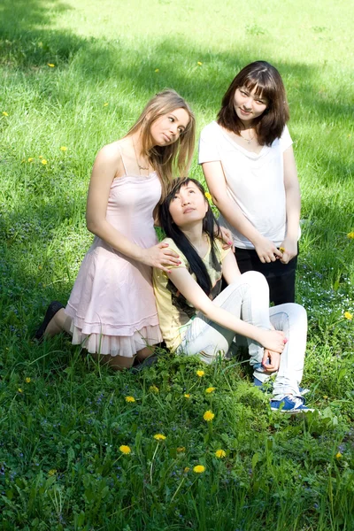 Три девушки сидят на траве — стоковое фото