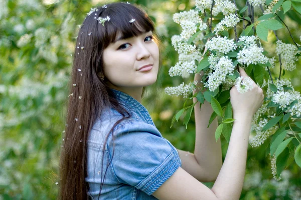 Girl standing near lilac — Stock Photo, Image