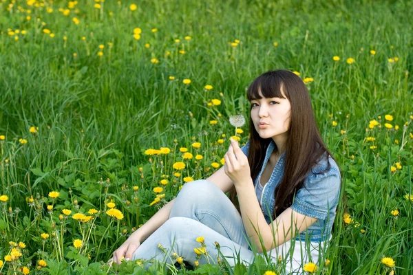 Dandelions arasında oturan kız — Stok fotoğraf