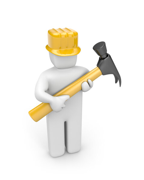 The builder holds a hammer