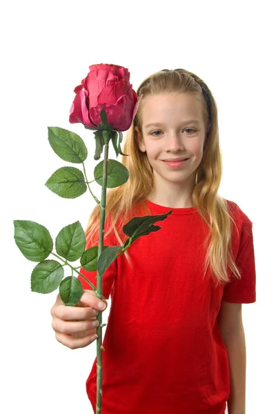 女孩与丝绸红玫瑰 — 图库照片