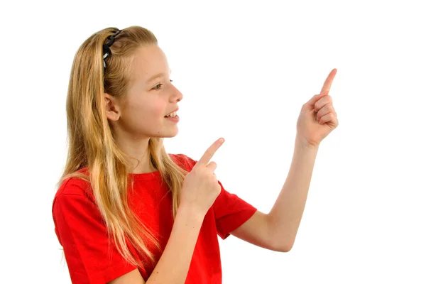 Girl points to something — Stock Photo, Image