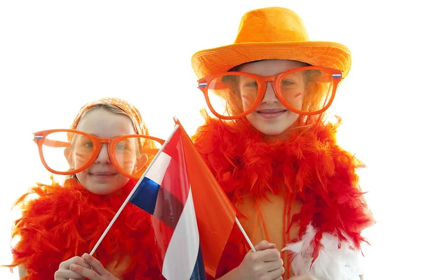 Two girls in orange outfit — Stock Photo, Image