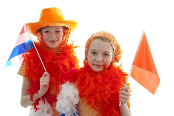 Two girls in orange outfit — Stock Photo, Image