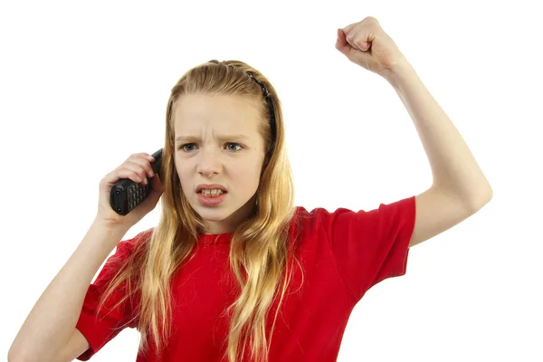 Chica está enojada por teléfono —  Fotos de Stock