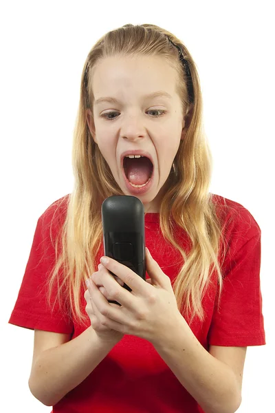 Chica está enojada por teléfono — Foto de Stock