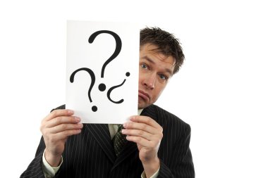 Businessman is holding question marks clipart