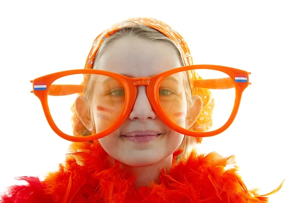 Футбольний прихильник з великими помаранчевими окулярами — стокове фото