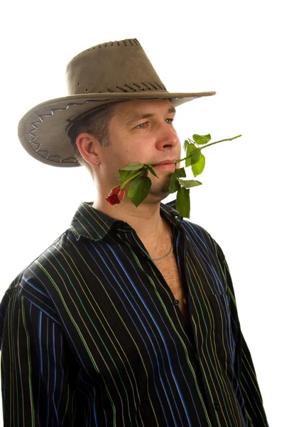 Romantic young cowboy with rose — Stock Photo, Image