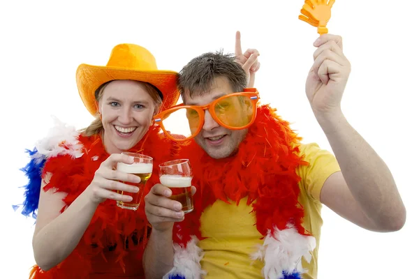 Två holländska fotbollsfans i orange outfit — Stockfoto