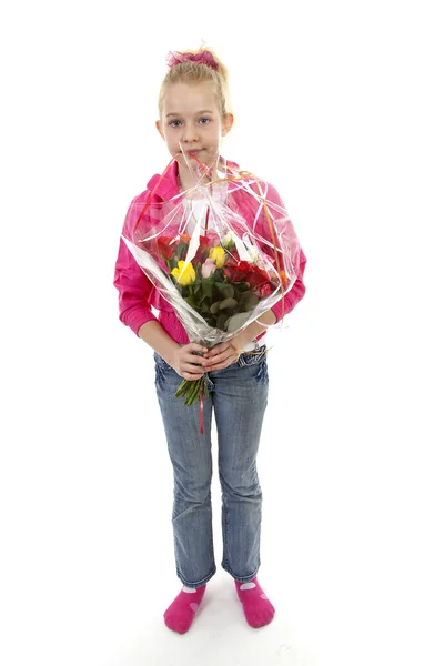 Menina com buquê de rosas coloridas — Fotografia de Stock